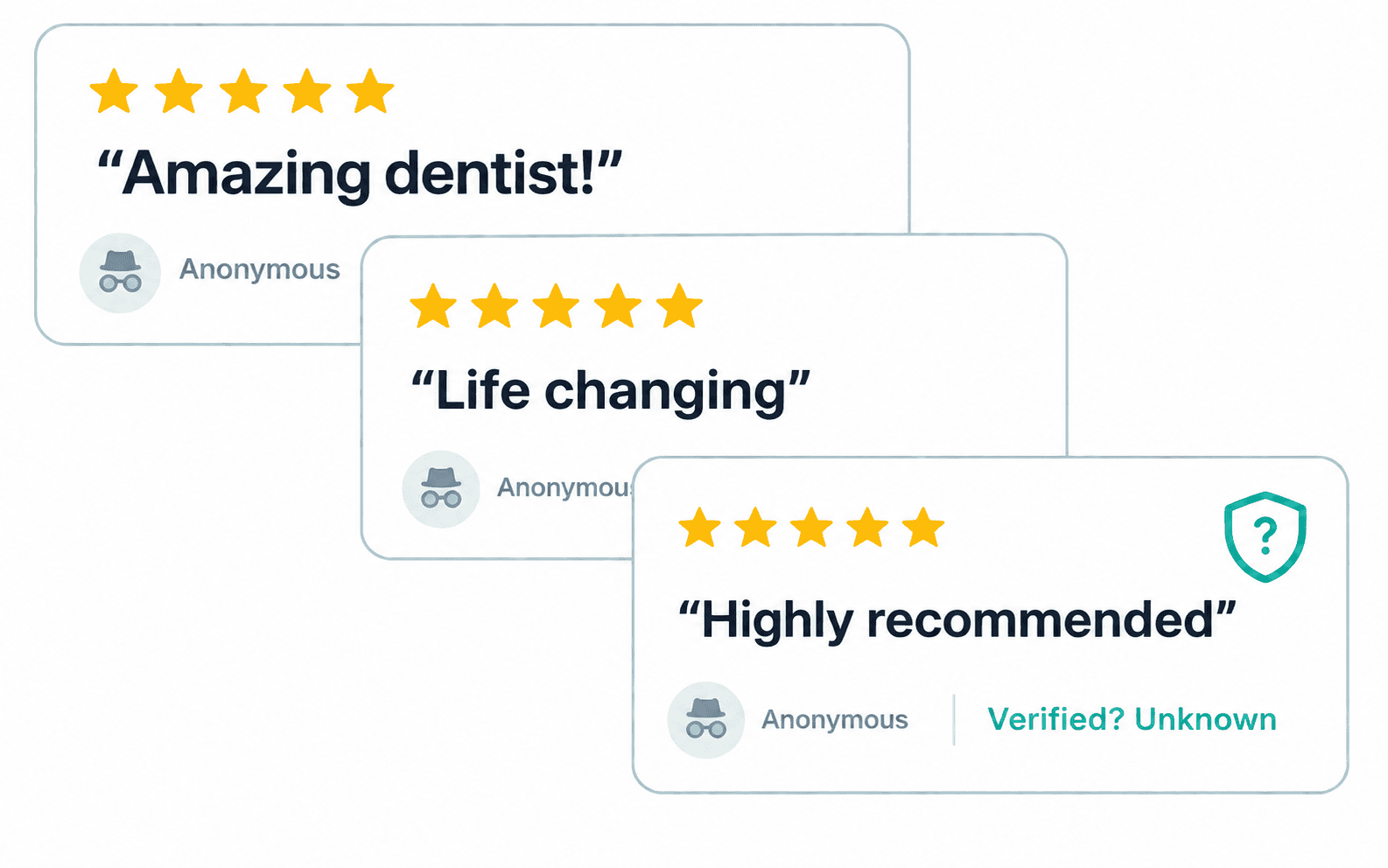A stack of anonymous five-star review cards with unverified authors