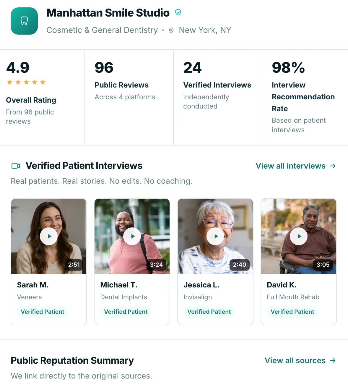 Sample Zenx Trust Profile showing verified ratings, patient interviews, and public reputation summary